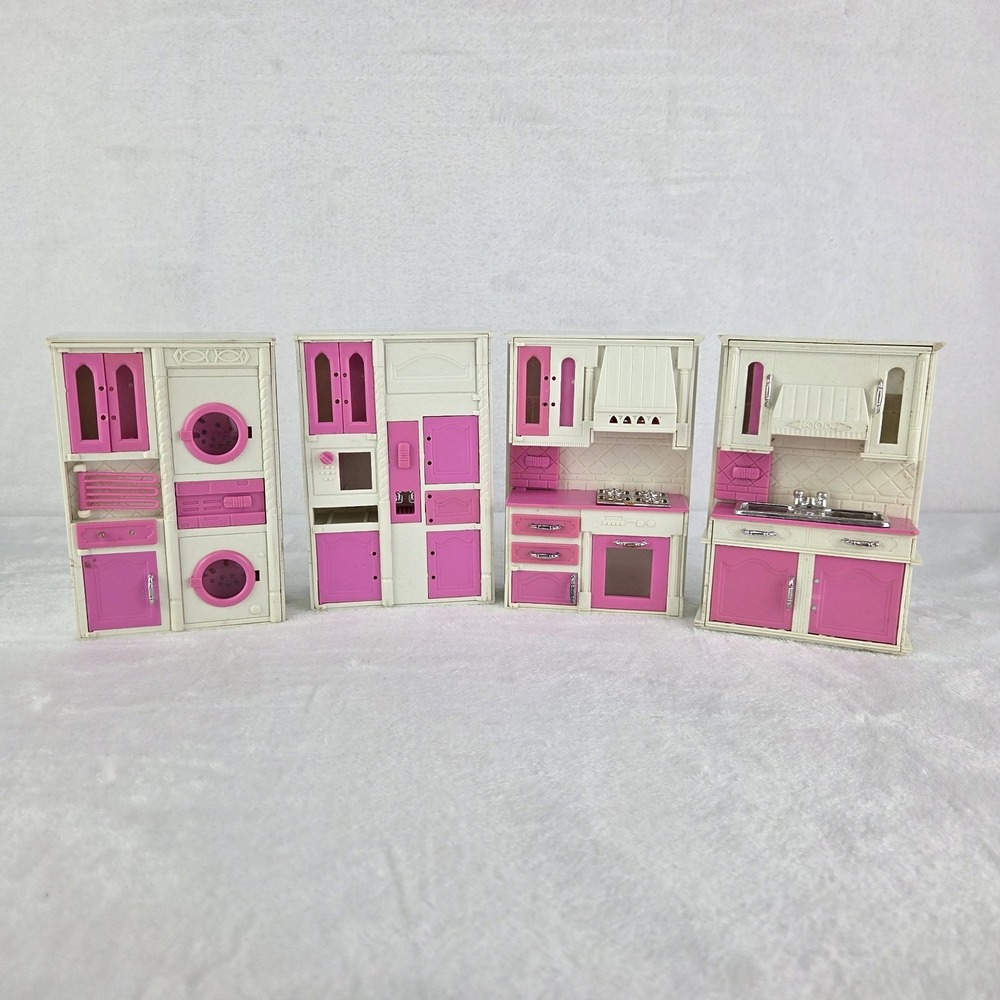 Miniature Dollhouse Pink Kitchen Furniture 4 Pc Light Up Appliance Cabinet Set